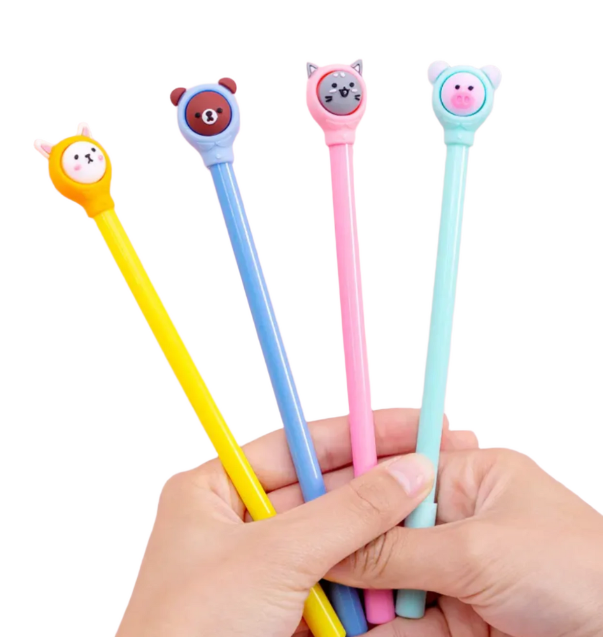 Hooded Animal Friends Gel Pen Set! This charming set features a delightful white bunny, a playful grey cat, a cuddly brown bear, and a sweet pink pig, all ready to bring a world of smiles to your stationery collection.