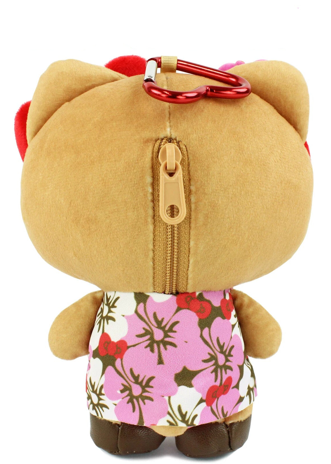Meet your new stylish BFF! This Japanese street manba gal pink hibiscus Hello Kitty zip plush keychain features a heart-shaped carabiner and even a back zipper pocket, perfect for storing small items. Not to mention shes wearing colored contact lenses and false eyelashes, and doing a Hello Kitty-themed Manba gal makeup look with lots of sparkly hearts. Shes so stylish! 