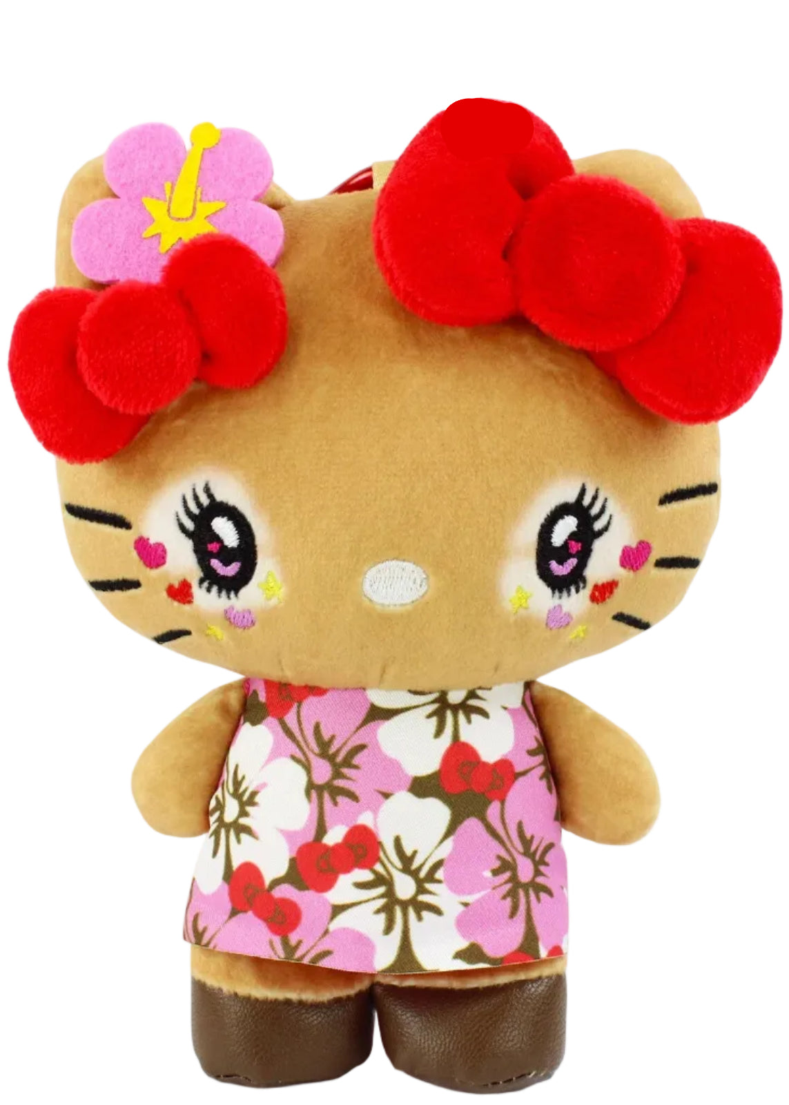 Meet your new stylish BFF! This Japanese street manba gal pink hibiscus Hello Kitty zip plush keychain features a heart-shaped carabiner and even a back zipper pocket, perfect for storing small items. Not to mention shes wearing colored contact lenses and false eyelashes, and doing a Hello Kitty-themed Manba gal makeup look with lots of sparkly hearts. Shes so stylish! 