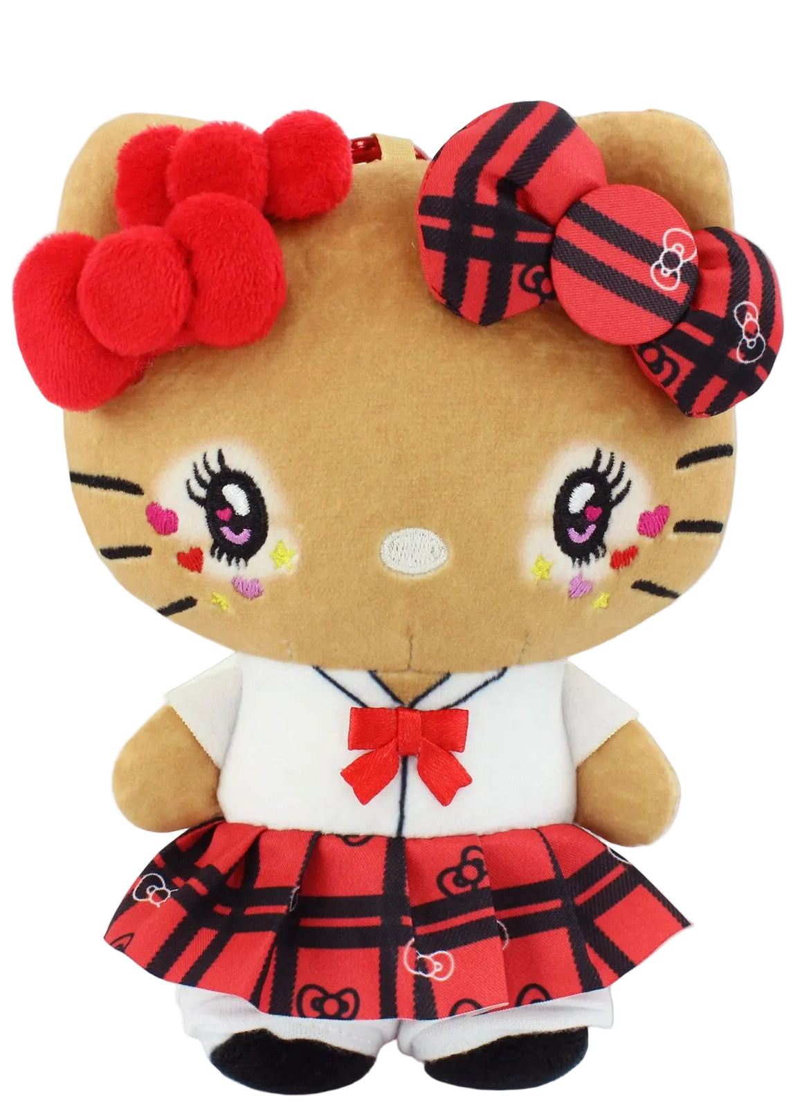 Say hello to the cutest little schoolgirl! This adorable Japanese street manba gal schoolgirl Hello Kitty zip plush keychain features a charming red plaid outfit, matching bow, sweet embroidered details made of high quality fabric, and a heart-shaped clasp that makes it perfect for adding a little extra cuteness to your everyday essentials. Not to mention she has a back zipper pocket, perfect for storing small items.