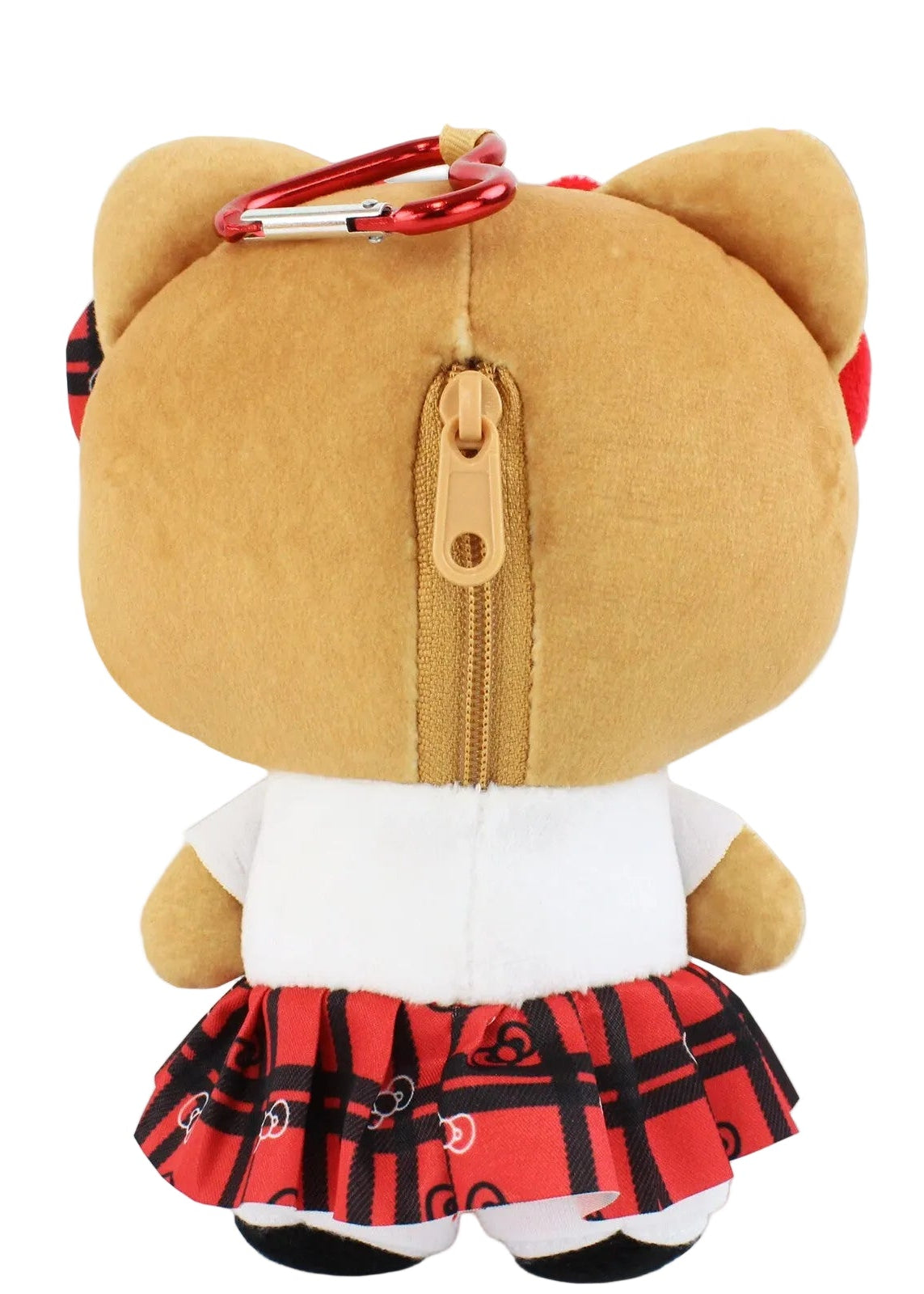 Say hello to the cutest little schoolgirl! This adorable Japanese street manba gal schoolgirl Hello Kitty zip plush keychain features a charming red plaid outfit, matching bow, sweet embroidered details made of high quality fabric, and a heart-shaped clasp that makes it perfect for adding a little extra cuteness to your everyday essentials. Not to mention she has a back zipper pocket, perfect for storing small items.