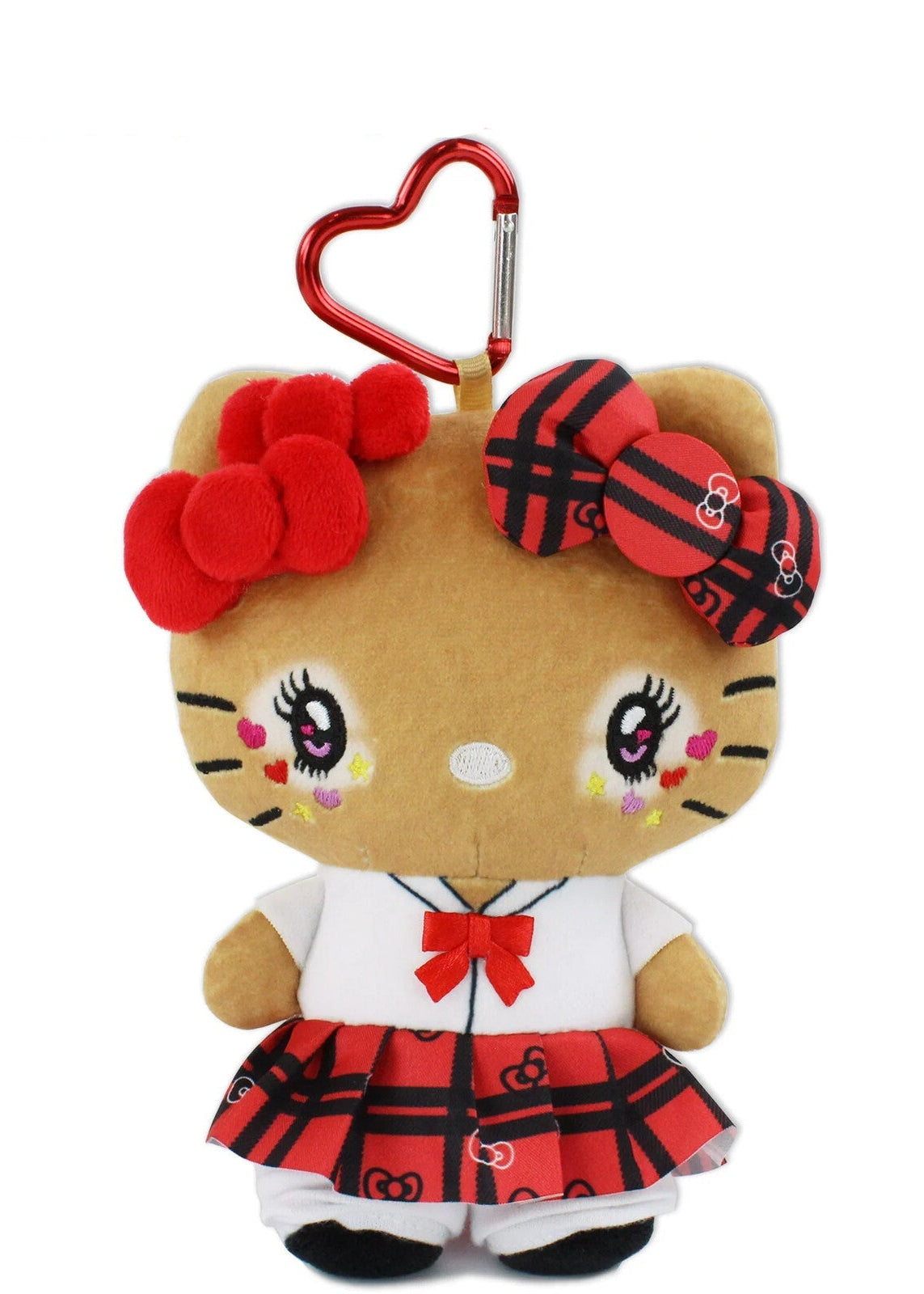 Say hello to the cutest little schoolgirl! This adorable Japanese street manba gal schoolgirl Hello Kitty zip plush keychain features a charming red plaid outfit, matching bow, sweet embroidered details made of high quality fabric, and a heart-shaped clasp that makes it perfect for adding a little extra cuteness to your everyday essentials. Not to mention she has a back zipper pocket, perfect for storing small items.