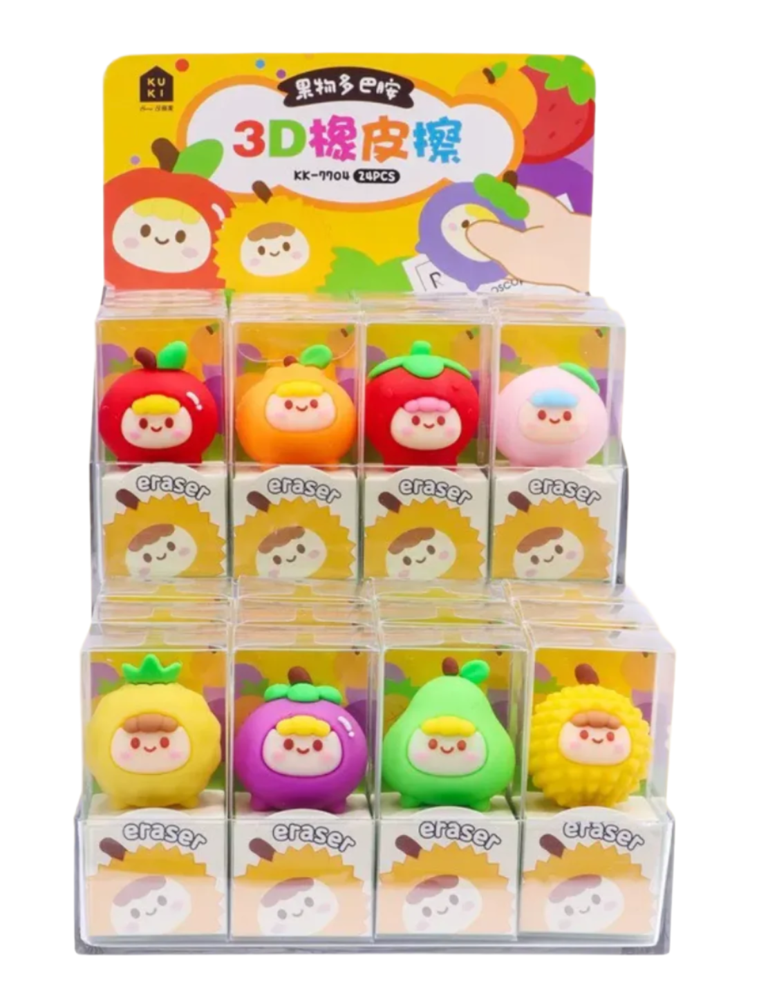 Much of Kawaii style is not only about bein' CUTE but BIG and CUTE! These Oversized Joyful Juicy Round Fruit XL Erasers fit the bill, while being totally functional. Larger than standard erasers, providing extended use and better grip for more efficient erasing, this amazingly cheerful gang of fruits are nice and ripe for the task