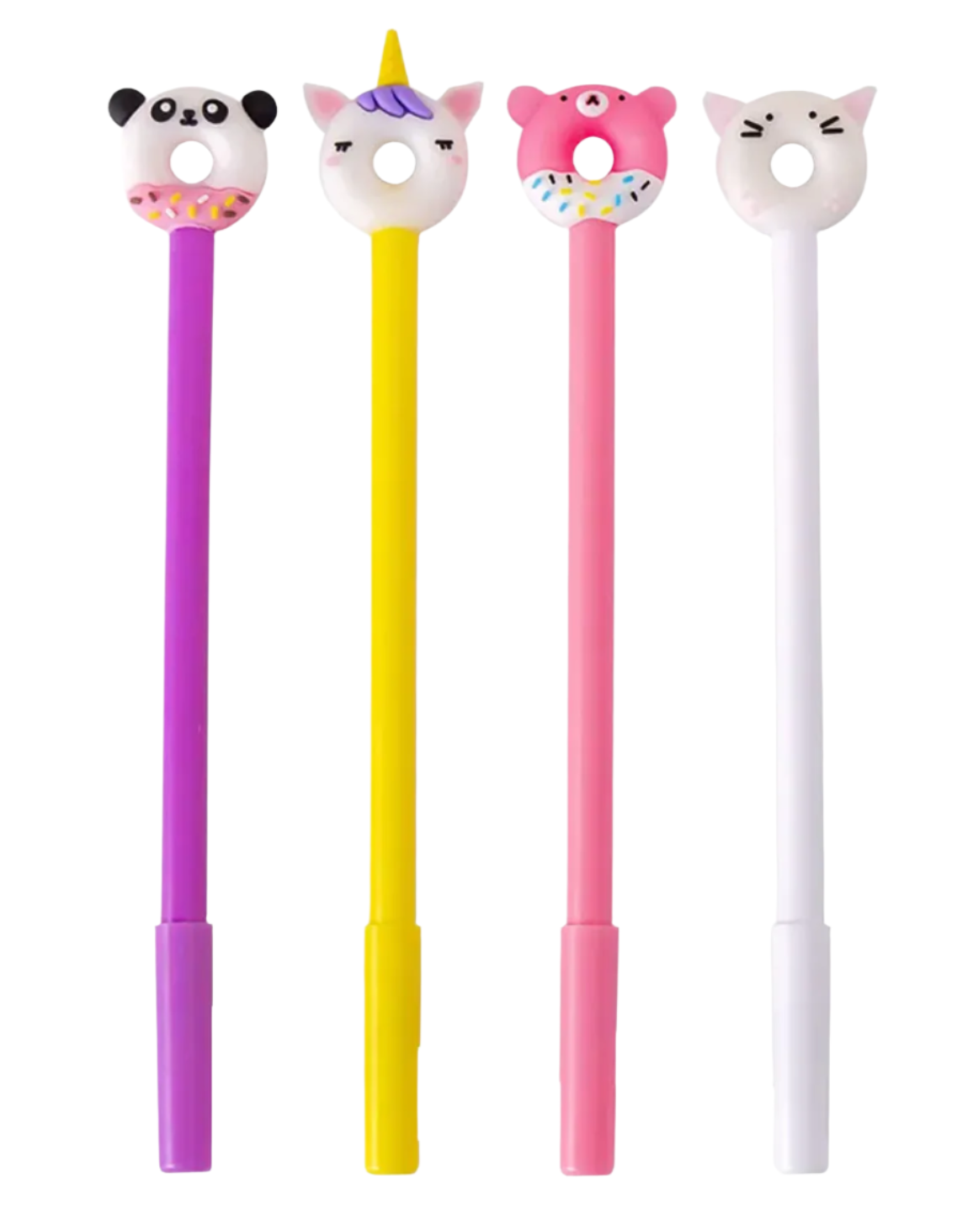 Our Kawaii Donut Animals Gel Pen Set includes four pens in various happy color palettes of white, purples, pinks, and yellow. These pens provide a smooth writing experience for those who like a gel ink tip.