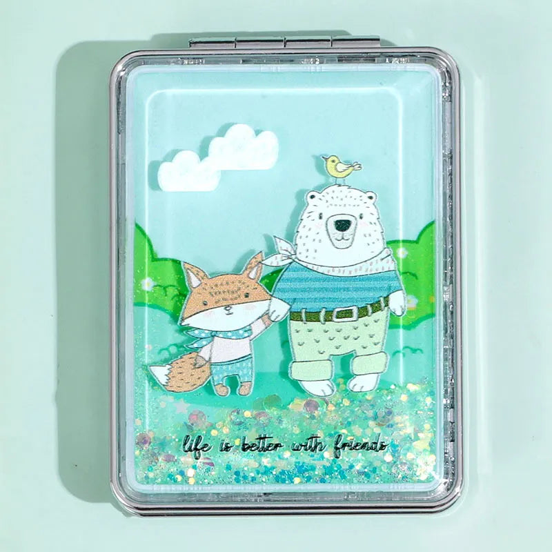 Brighten up your beauty routine with the 'Life is Better with Friends' Kawaii Falling Glitter Travel Mirror! This charming travel mirror features an adorable bear and fox in a whimsical cloud and hills scene, with a touch of falling glitter to add a magical sparkle. Compact and practical, it's perfect for on-the-go touch-ups and adding a bit of kawaii charm to your daily routine.