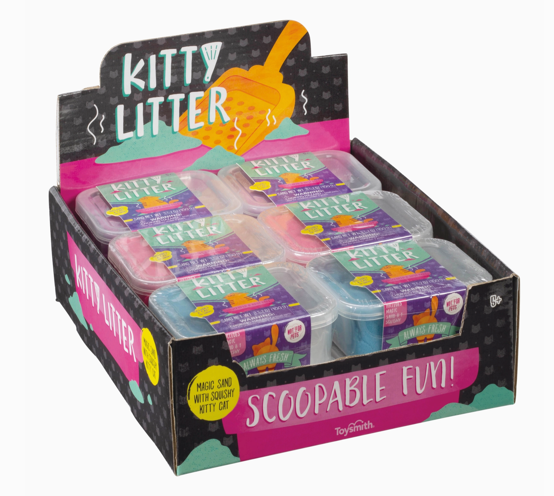 Unlike other slime toys that are goopy and slimy, this one is sand-based, so it’s easy to mold, sculpt, and squish. A great fidget toy with a calming effect. Comes with a fun black, orange, teal, and pink display case with kitty litter scooper illustration.