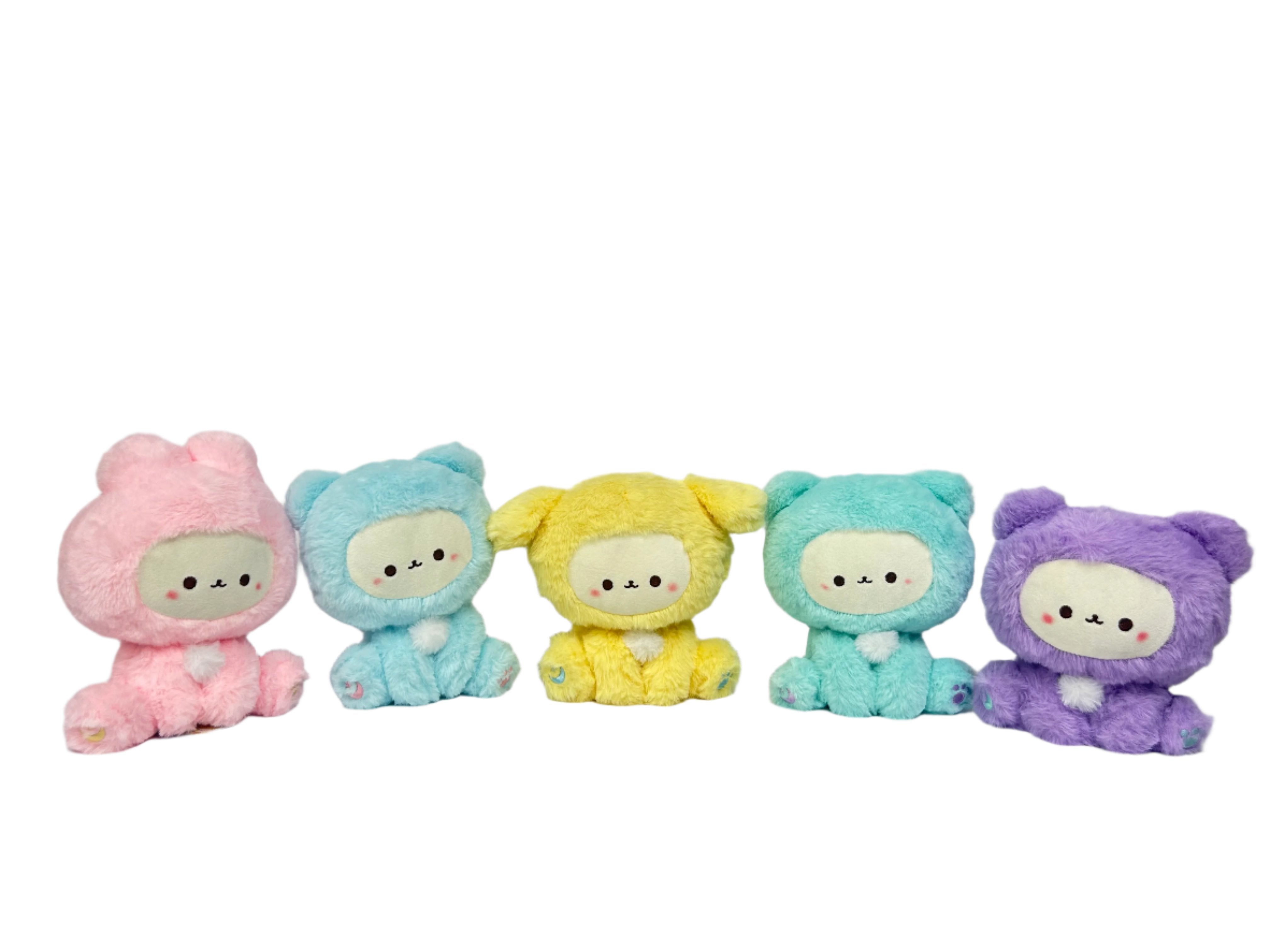 These cuddly Pastel Hooded Animal Plushies are perfect for snuggling at bedtime. Dressed in their soft pastel animal character onesies, they are great for display or for some cozy playtime. Their feet feature individually embroidered shapes making them even cuter with adorable attention to detail! Collect them all or give them as the most adorable gifts!