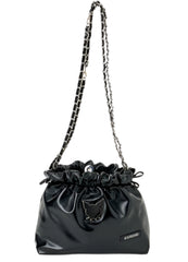 Edge, class and shine meets everyday style with our Kuromi Black Metallic Ribbon Shoulder Bag! This limited edition bag features a stunning black metallic finish that and is adorned with elegant ribbon details and an adorable Kuromi charm. The practical drawstring cinch closure keeps your belongings secure while maintaining easy access. Perfectly sized for daily essentials and featuring a comfortable shoulder strap, this bag combines functionality with kawaii flair.  