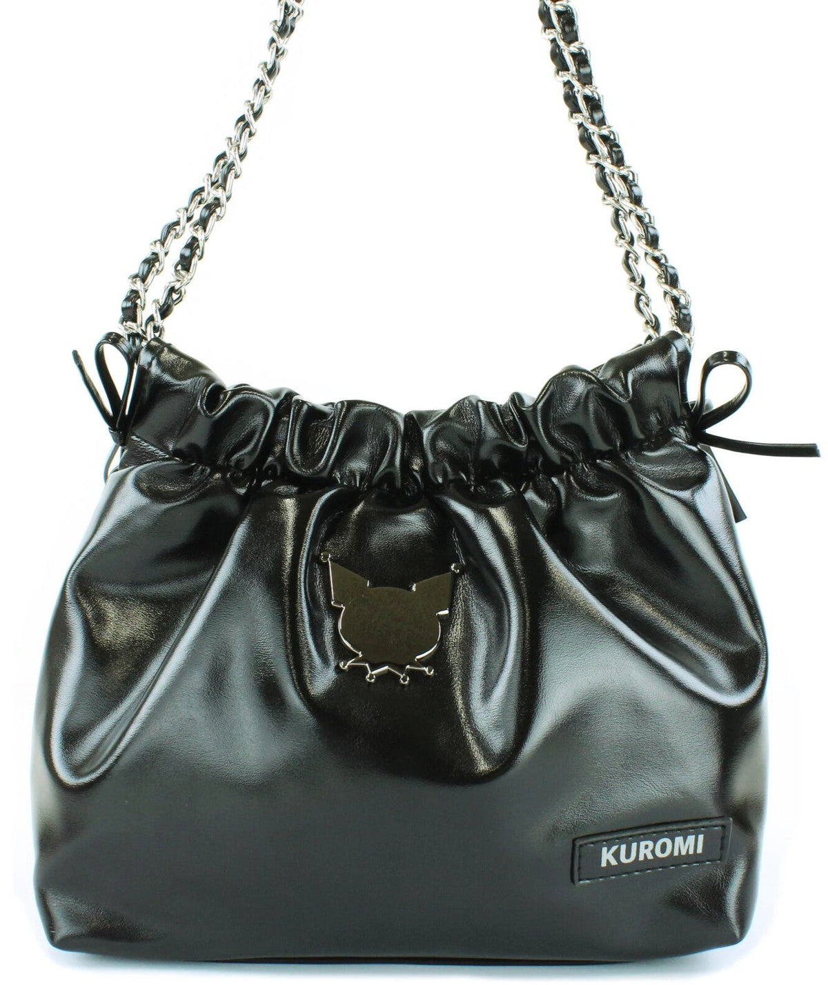 Edge, class and shine meets everyday style with our Kuromi Black Metallic Ribbon Shoulder Bag! This limited edition bag features a stunning black metallic finish that and is adorned with elegant ribbon details and an adorable Kuromi charm. The practical drawstring cinch closure keeps your belongings secure while maintaining easy access. Perfectly sized for daily essentials and featuring a comfortable shoulder strap, this bag combines functionality with kawaii flair.  
