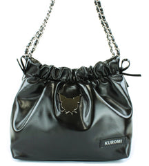 Edge, class and shine meets everyday style with our Kuromi Black Metallic Ribbon Shoulder Bag! This limited edition bag features a stunning black metallic finish that and is adorned with elegant ribbon details and an adorable Kuromi charm. The practical drawstring cinch closure keeps your belongings secure while maintaining easy access. Perfectly sized for daily essentials and featuring a comfortable shoulder strap, this bag combines functionality with kawaii flair.  