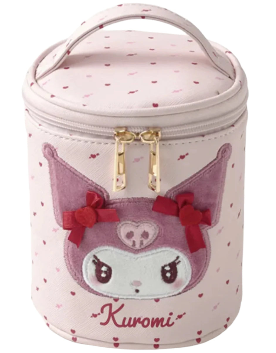 Keep your beauty essentials organized in the most kawaii way possible with our Kuromi Embroidered Standing Zip Bag! These charming cylindrical cases feature delicate embroidered faces of your favorite Sanrio characters, with hearts printed and bows appliquéd for the perfect touch! These bring a touch of whimsy to your daily beauty routine.&nbsp;Make your beauty routine more magical with these kawaii brush holders!