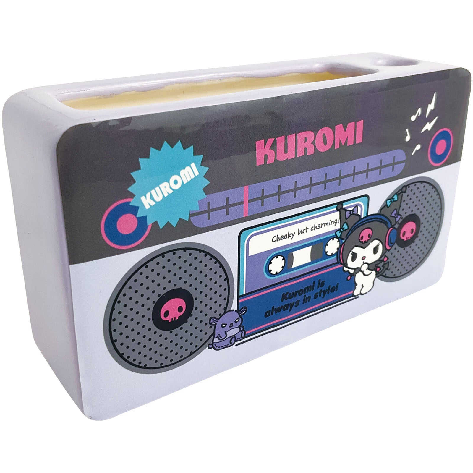 Add a touch of nostalgia to your workspace with this collectible Kuromi Porcelain 90s Style Desk Organizer. This charming organizer features the beloved Sanrio character in a retro design, perfect for fans of the 90s aesthetic. With compartments for pens, and even your phone, it's both a functional and adorable addition to any desk.