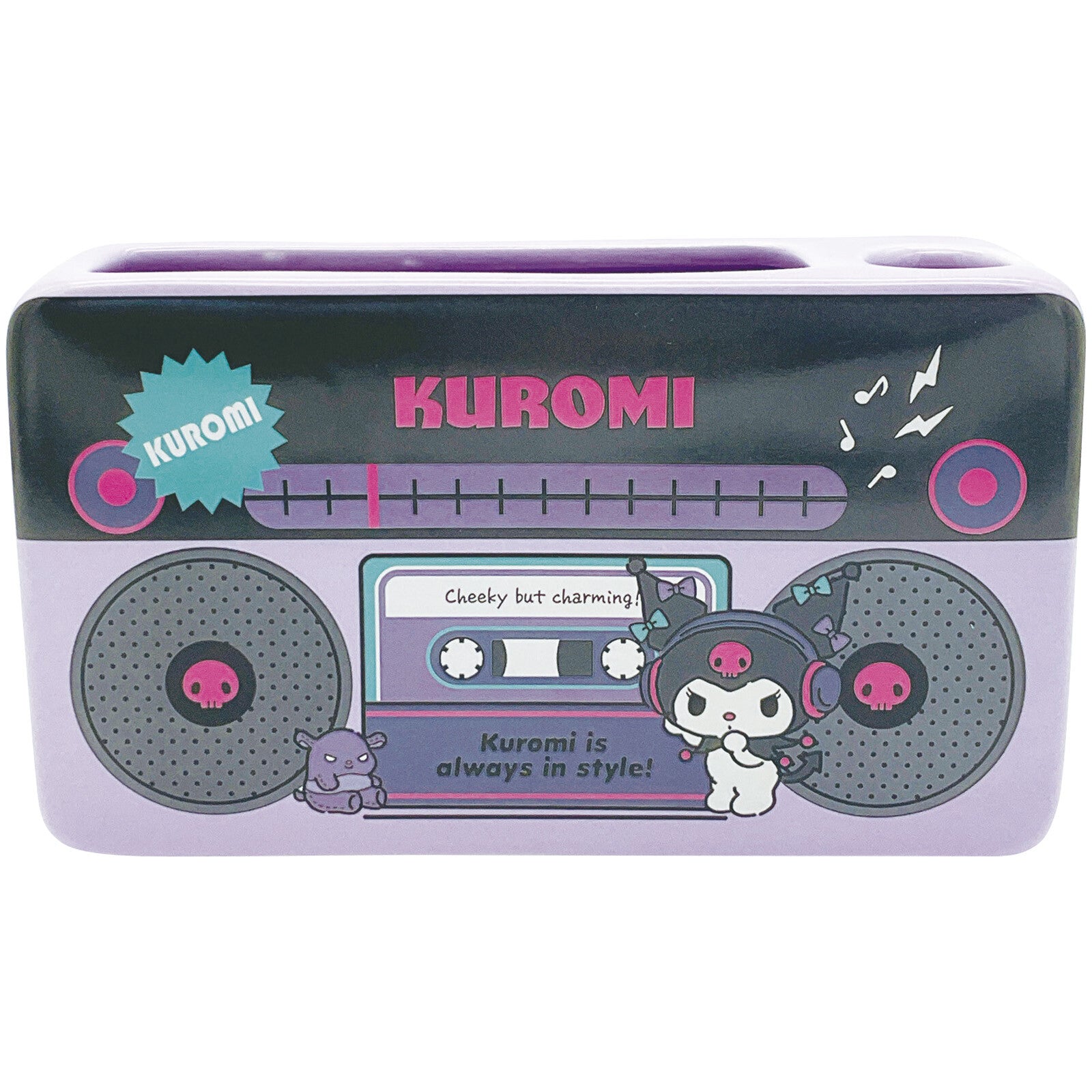 Add a touch of nostalgia to your workspace with this collectible Kuromi Porcelain 90s Style Desk Organizer. This charming organizer features the beloved Sanrio character in a retro design, perfect for fans of the 90s aesthetic. With compartments for pens, and even your phone, it's both a functional and adorable addition to any desk.