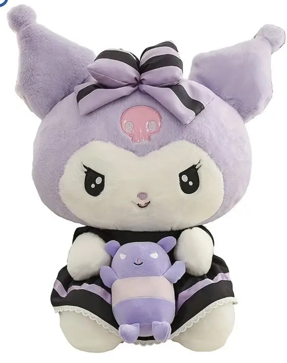 Meet the Kuromi &amp; Baku the Tapir Plushie duo! This delightful plushie features cutie Kuromi in her signature style, rocking bold lilac and black stripes on her dress and head bow, and holding hands with her adorable purple sidekick, Baku the tapir. With their playful expressions and unique designs, they make the perfect pair for any Sanrio or Kuromi fan.