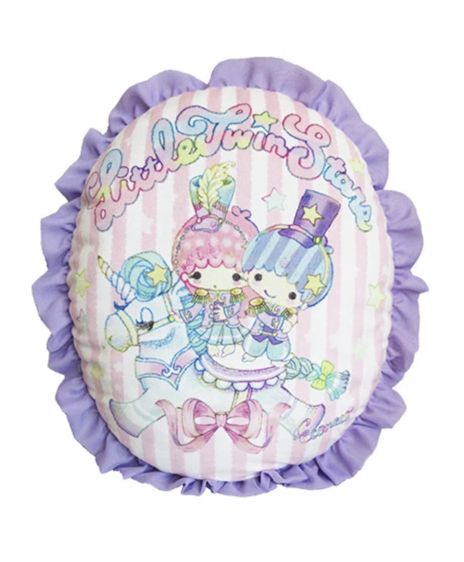 Illustrator Eco Neko taps into those 80s vibes with this Little Twin Stars Ruffle pillow cushion. Sanrio characters Kiki &amp; Lala shine amidst vertical purple stripes and ruffles. Imagine this at the head of the bed. Woah!