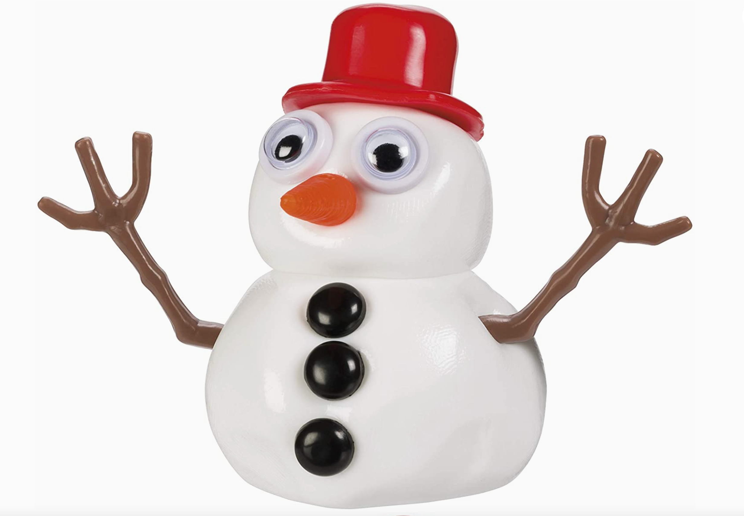 The Melting Snowman comes in a reusable plastic container, so kids can build their own snowman, decorate him, watch him melt, then start the fun all over again. Each snowman putty slime kit includes everything kids need: a hat, googly eyes, nose, pipe, buttons, and stick arms.