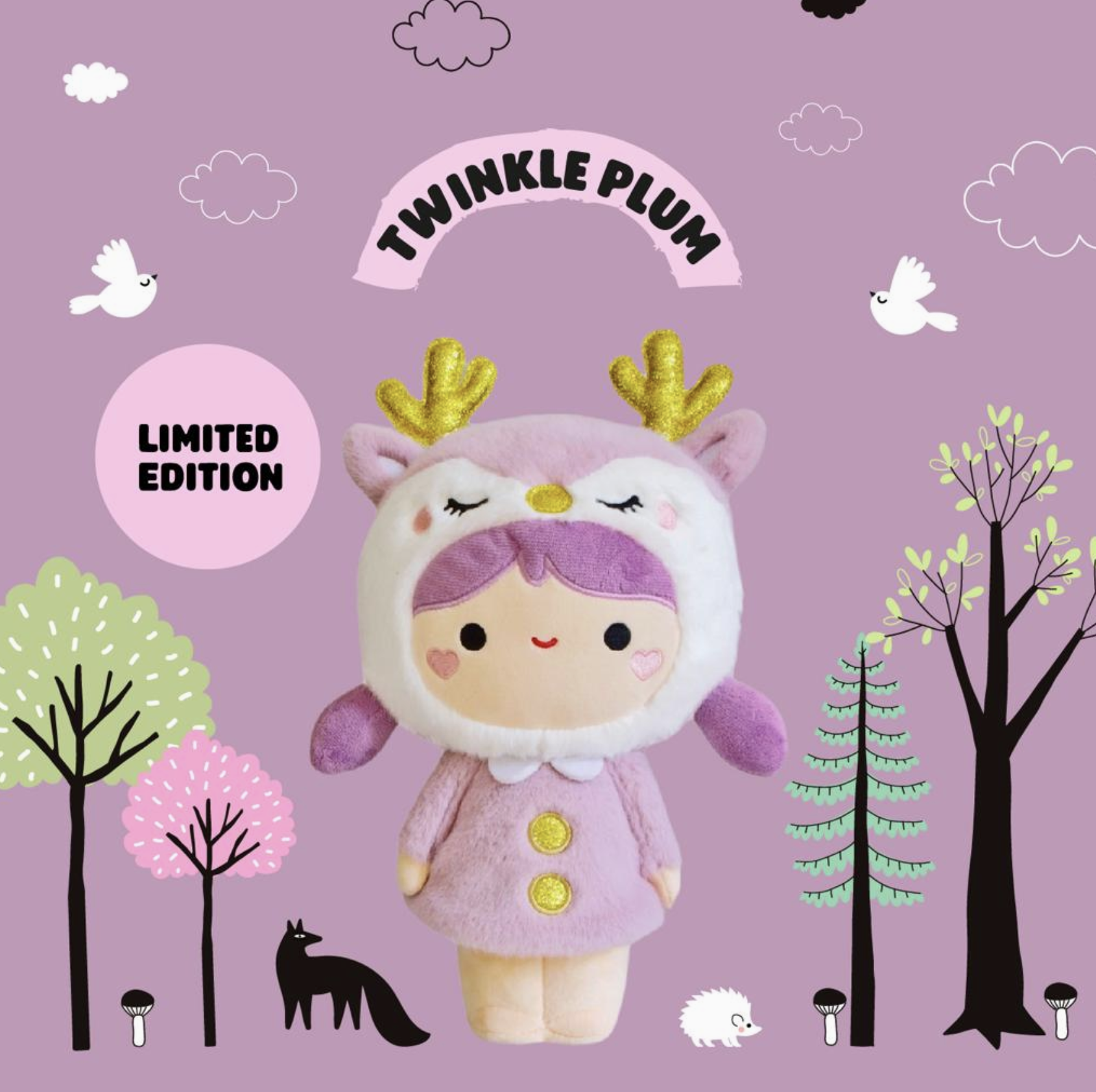 A special piece designed for collectors, plush enthusiasts, and those seeking a unique gift that stands the test of time. Soft lavender plush and sparkly antlers give this Momiji Twinkle Plum Girl Plushie strong woodland creature vibes.