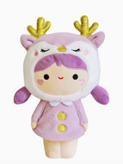 A special piece designed for collectors, plush enthusiasts, and those seeking a unique gift that stands the test of time. Soft lavender plush and sparkly antlers give this Momiji Twinkle Plum Girl Plushie strong woodland creature vibes.