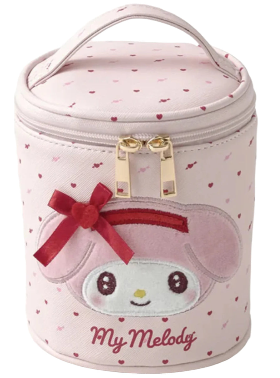 Keep your beauty essentials organized in the most kawaii way possible with our My Melody Embroidered Standing Zip Bag! These charming cylindrical cases feature delicate embroidered faces of your favorite Sanrio characters, with hearts printed and bows appliquéd for the perfect touch! These bring a touch of whimsy to your daily beauty routine.&nbsp;Make your beauty routine more magical with these kawaii brush holders!