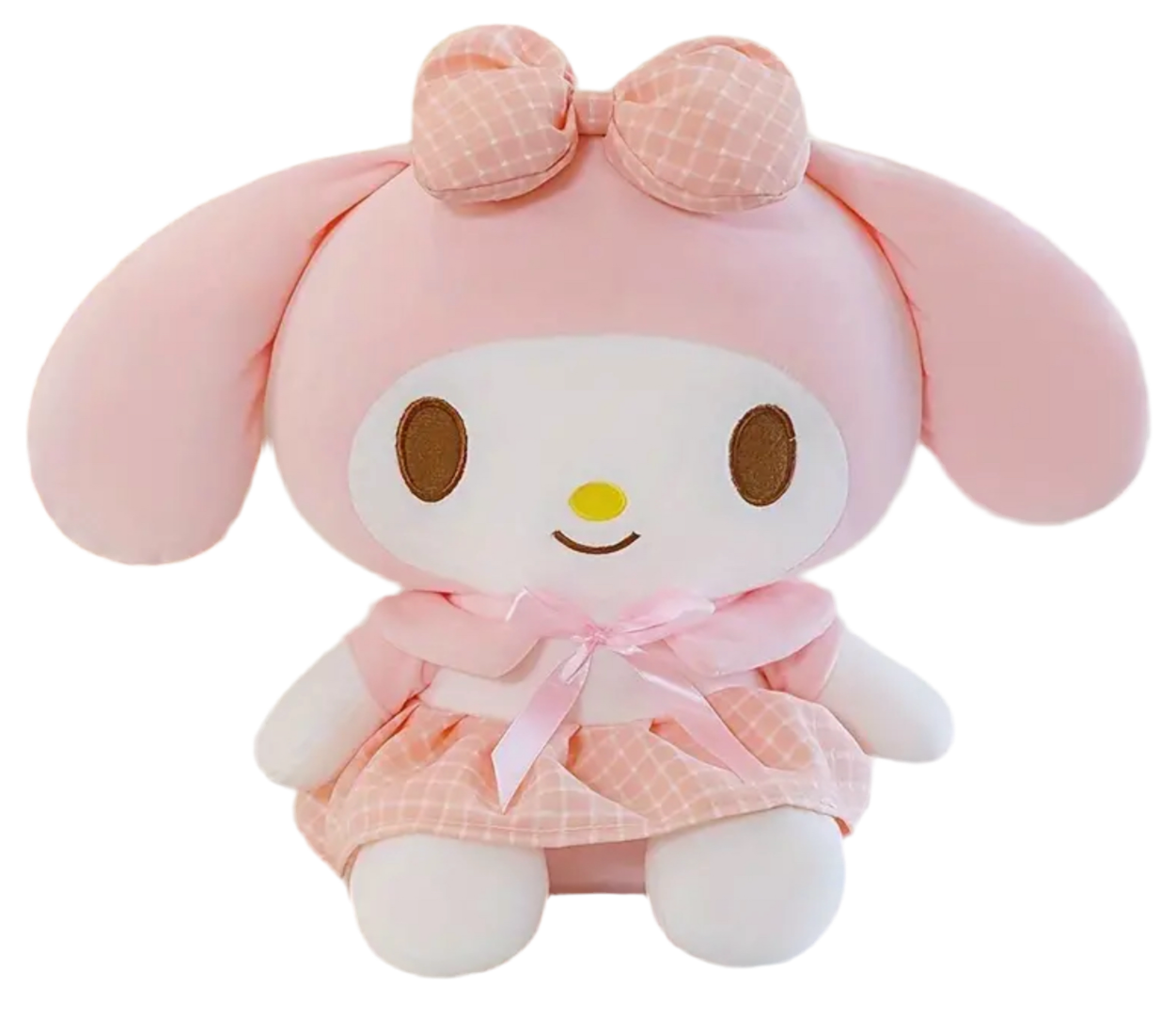 This My Melody "Pretty in Pink" Plaid Dress Plushie is a charming addition to any Sanrio collection! Dressed in a soft pink plaid dress with adorable details, My Melody is as sweet as ever, with her signature bunny ears and rosy cheeks. Made from ultra-soft, high-quality plush fabric, she's perfect for snuggling or adding a dash of cuteness to your room decor.

This plushie captures My Melody's gentle spirit and fashionable flair, making it an ideal gift for fans and collectors who love all things pastel an