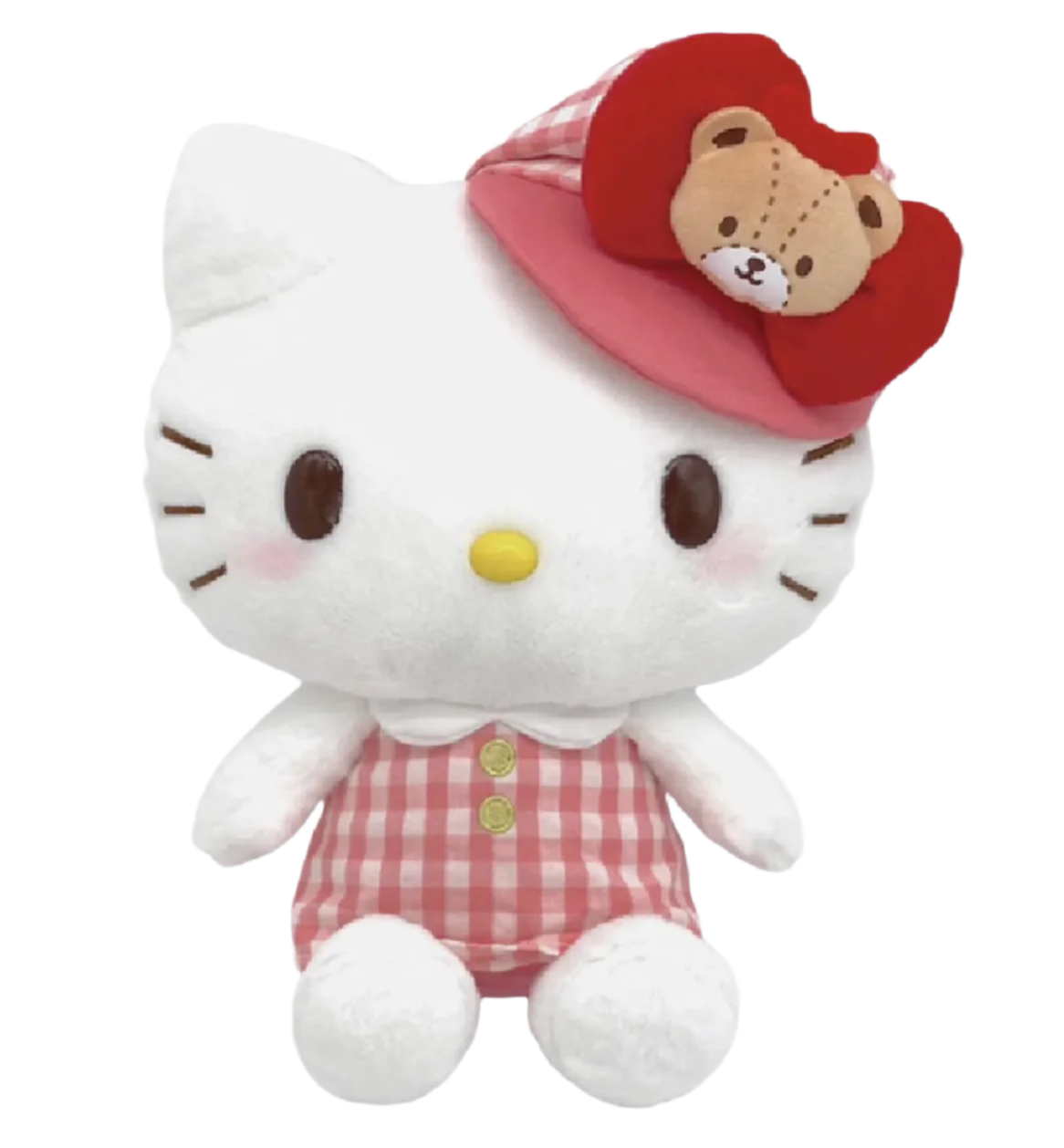 The utterly adorable Large Hello Kitty is dressed to impress in a signature red gingham print outfit, topped off with a charming newsboy hat! With her sweet smile, Hello Kitty brings her lovable charm, making her the ideal cuddly companion for anyone seeking a bit of cheer.