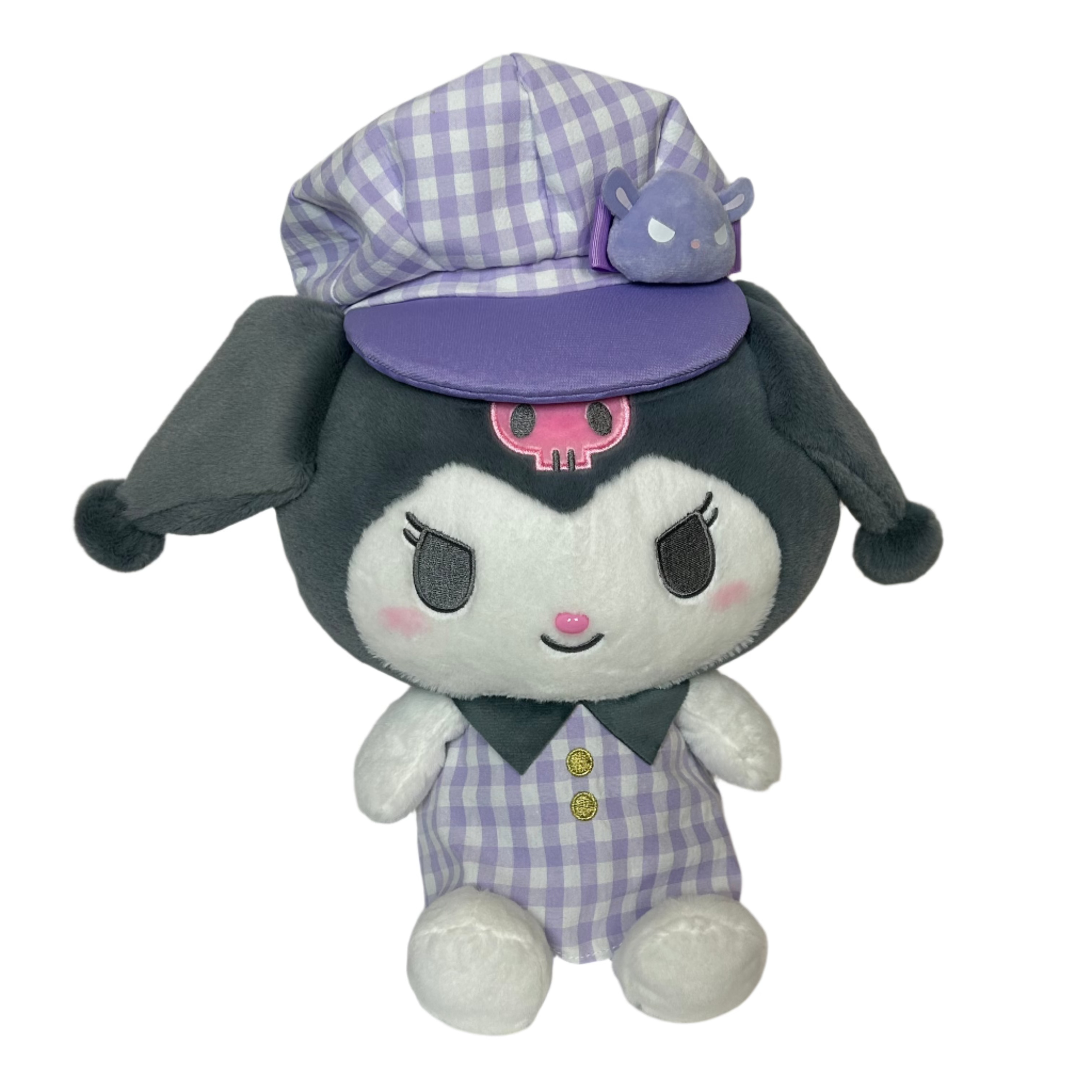 The indelible Kuromi, now donning a stylish newsboy hat and adorned in a trendy purple gingham outfit! This adorable plushie is a must-have for fans of Sanrio's mischievous character Kuromi, known for her spunky personality.

Dressed to impress in a purple gingham outfit, this Newsboy Kuromi Plushie in Purple Gingham adds a touch of fashionable flair to any collection. Whether displayed on a shelf, nestled among pillows, or snuggled up in bed, she's sure to bring a smile to your face every time you see her.