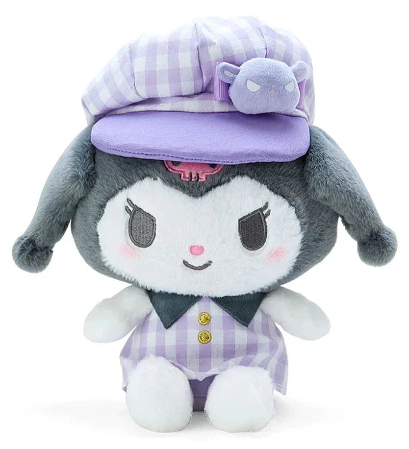 The indelible Kuromi, now donning a stylish newsboy hat and adorned in a trendy purple gingham outfit! This adorable plushie is a must-have for fans of Sanrio's mischievous character Kuromi, known for her spunky personality.