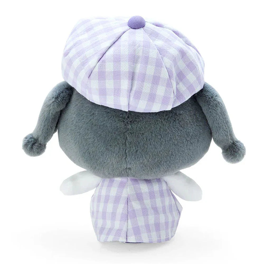 The indelible Kuromi, now donning a stylish newsboy hat and adorned in a trendy purple gingham outfit! This adorable plushie is a must-have for fans of Sanrio's mischievous character Kuromi, known for her spunky personality.