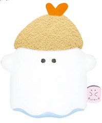 Soft and fluffy little ghost plush- now with a delicious twist - a shrimp tempura topping! This unique plushie brings together the cuddly charm of a ghost with the mouthwatering allure of shrimp tempura.