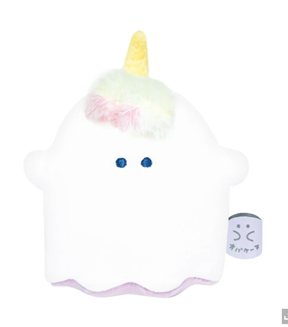 Soft and fluffy, little ghost plush, this spooky Obakane Funky Unicorn Ghost Plushie friend puts a fantastical twist on a favorite classic. Fuzzy rainbow hair, unicorn horn, extreme cute. Nice for the desk or shelf of any fans of cutie pie enchanted worlds.
