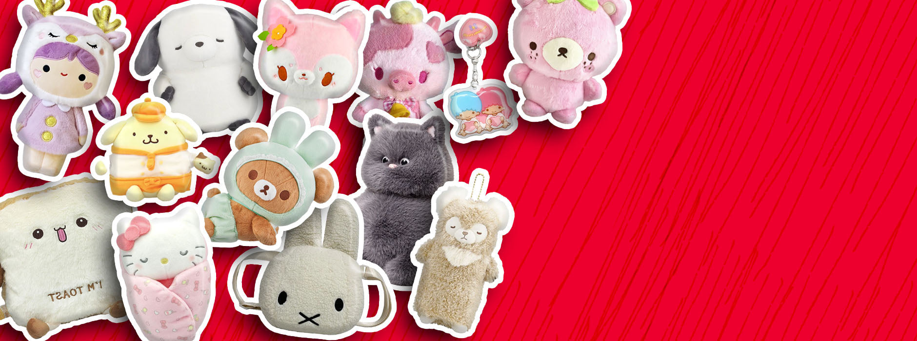 Shop Plush Krush's kawaii collection featuring Sanrio plushies in kimono and ghost designs, cute stationery, accessories, and exclusive items including Blue Cherry Blossom Cinnamoroll and Hello Kitty collaborations