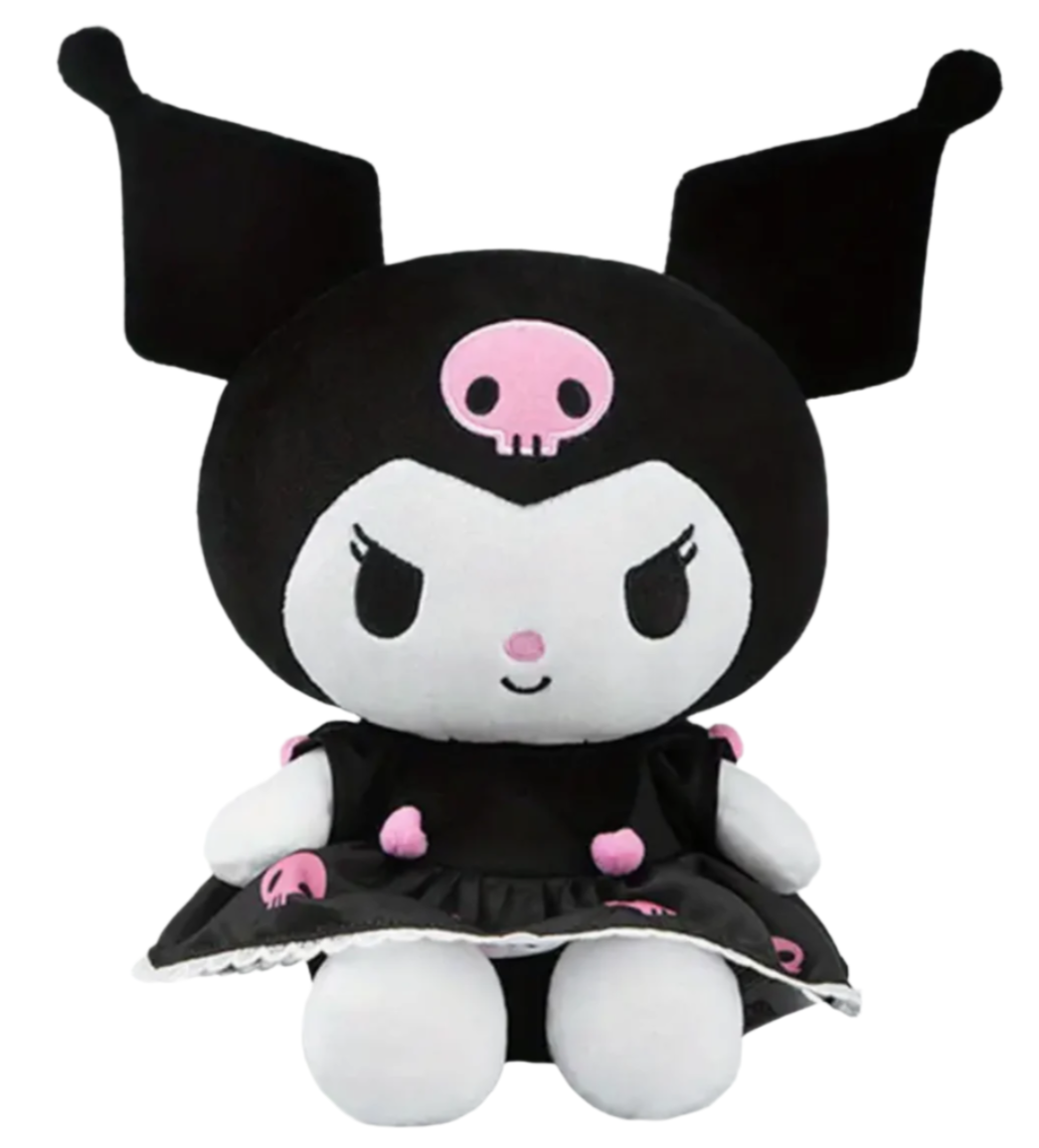 The Pink Pom Pom Black Kuromi Plushie is fitted with an adorable ruffled black dress, with stuffed pink hearts dotted throughout. A few signature pink skulls complete that scary sweet look that’s always guaranteed.