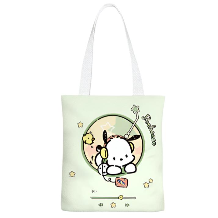 The Music Lovers Player Pochacco Canvas Tote features a dreamy design with Pochacco in headphones groovin' to his favorite tunes on his music player.

Crafted from durable canvas, this tote is perfect for carrying your daily essentials, whether you're heading to class, work, or a weekend getaway. The spacious interior provides plenty of room for books, groceries, or even a laptop, while the sturdy handles ensure comfortable carrying.