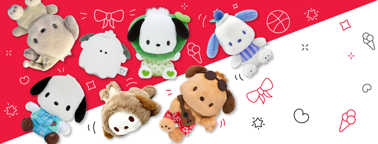 Pochacco goods at Plush Krush include Sanrio plushies in so many styles, Bedtime Pochacco, All Love Pochacco, Ukulele Hawaiian Pochacco, Schoolboy, Berries, Bunny, Ghost Pochacco and many more! Plus, Pochacco in bags,  stationery, pens, stickers, and hair pieces!