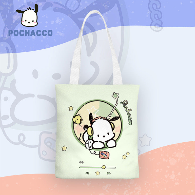 The Music Lovers Player Pochacco Canvas Tote features a dreamy design with Pochacco in headphones groovin' to his favorite tunes on his music player.

Crafted from durable canvas, this tote is perfect for carrying your daily essentials, whether you're heading to class, work, or a weekend getaway. The spacious interior provides plenty of room for books, groceries, or even a laptop, while the sturdy handles ensure comfortable carrying.