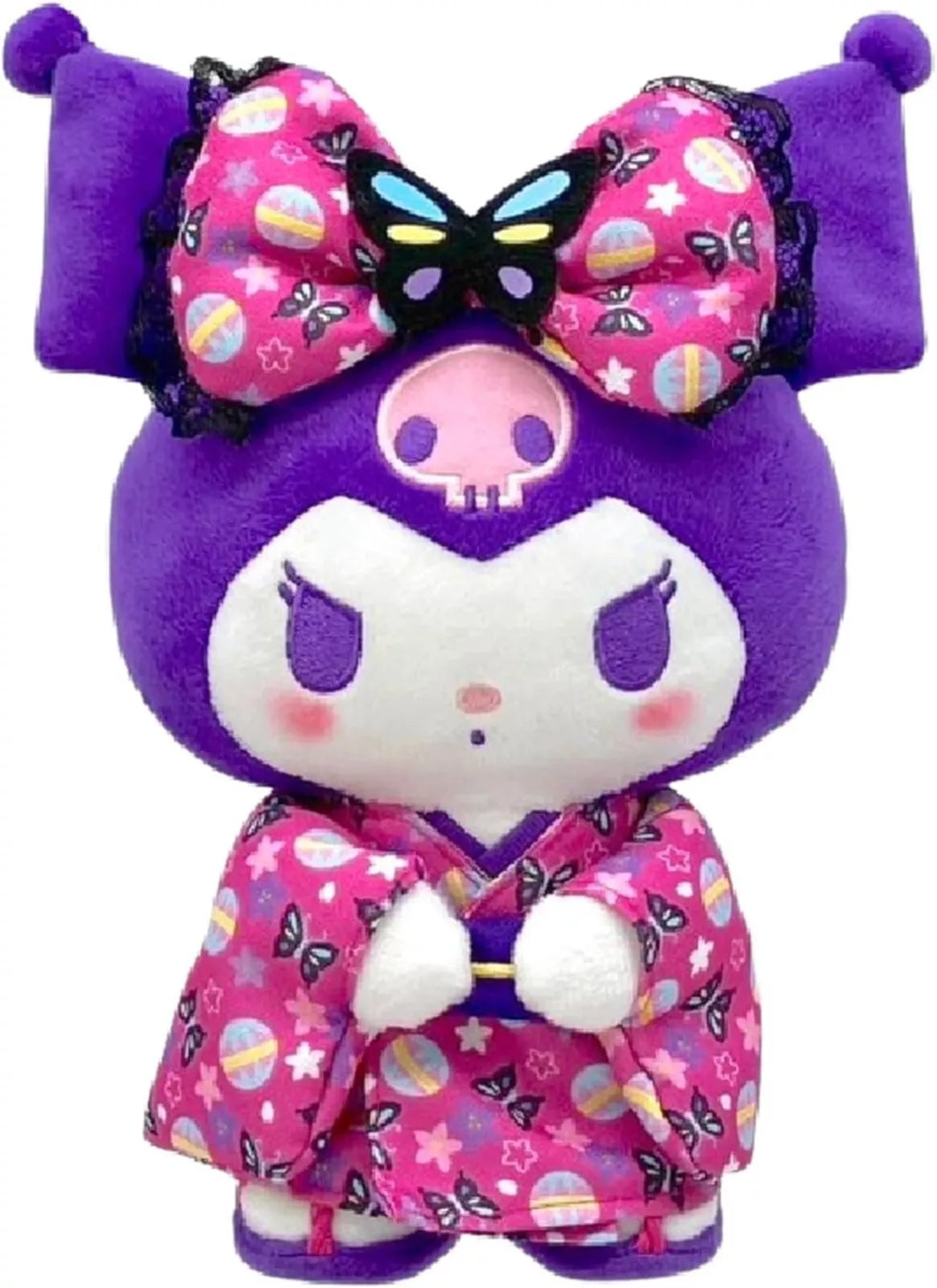 The Purple Butterfly Floral Kimono Kuromi Plushie is a unique addition to Sanrio's limited edition kimono series. Traditional Japanese clothing styles and prints merge with the modern day loveable, sassy character of Kuromi. The lovely gentility of spring exudes in this funky classic.

The combination of deep purple and hot pink compliments each precisely. The black lace-lined bow is topped with a striking butterfly applique. An embroidered skull icon along with pensive facial expression, which shows Kuromi