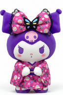 The Purple Butterfly Floral Kimono Kuromi Plushie is a unique addition to Sanrio's limited edition kimono series. Traditional Japanese clothing styles and prints merge with the modern day loveable, sassy character of Kuromi. The lovely gentility of spring exudes in this funky classic.

The combination of deep purple and hot pink compliments each precisely. The black lace-lined bow is topped with a striking butterfly applique. An embroidered skull icon along with pensive facial expression, which shows Kuromi