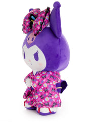 The Purple Butterfly Floral Kimono Kuromi Plushie is a unique addition to Sanrio's limited edition kimono series. Traditional Japanese clothing styles and prints merge with the modern day loveable, sassy character of Kuromi. The lovely gentility of spring exudes in this funky classic.

The combination of deep purple and hot pink compliments each precisely. The black lace-lined bow is topped with a striking butterfly applique. An embroidered skull icon along with pensive facial expression, which shows Kuromi
