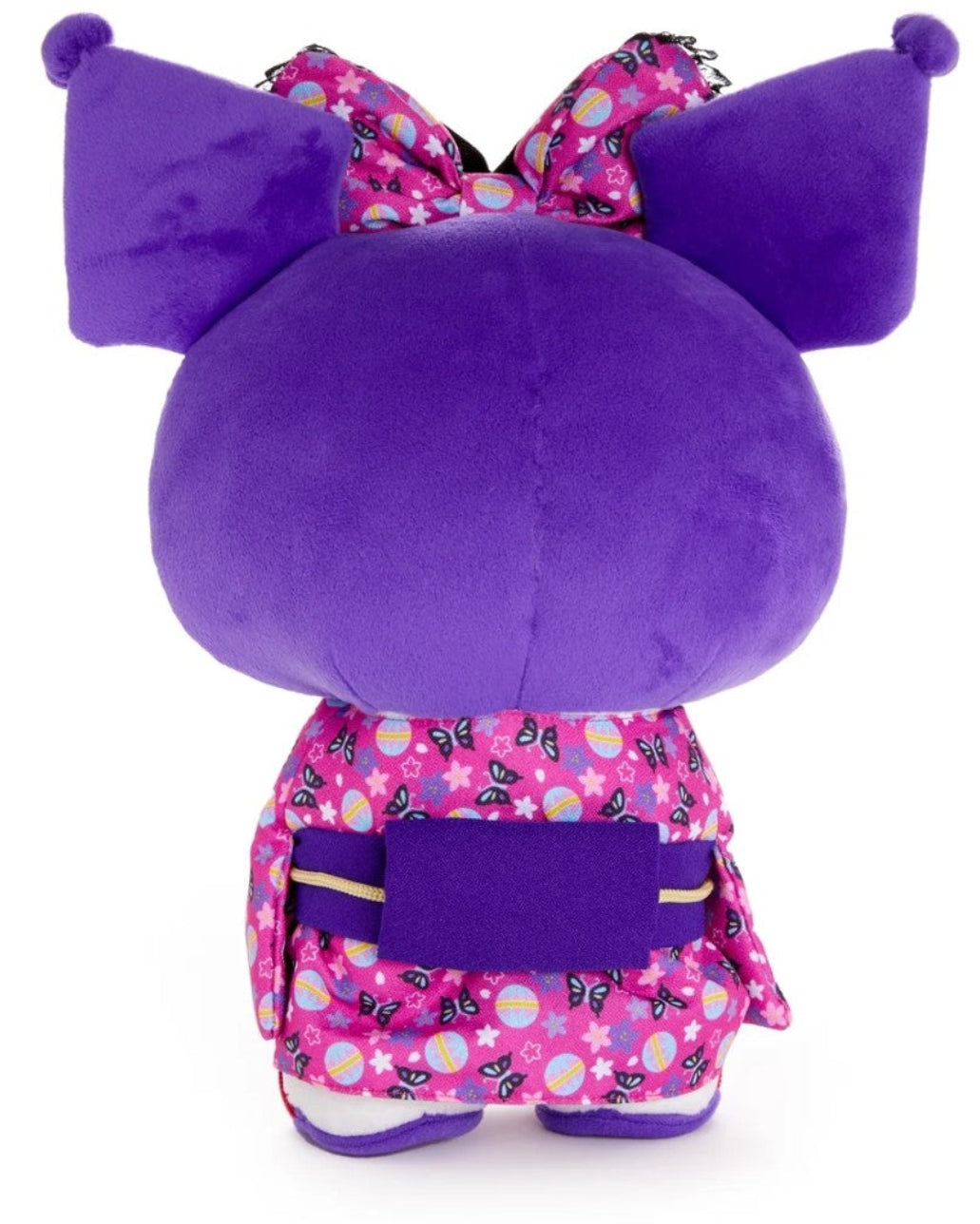 The Purple Butterfly Floral Kimono Kuromi Plushie is a unique addition to Sanrio's limited edition kimono series. Traditional Japanese clothing styles and prints merge with the modern day loveable, sassy character of Kuromi. The lovely gentility of spring exudes in this funky classic.

The combination of deep purple and hot pink compliments each precisely. The black lace-lined bow is topped with a striking butterfly applique. An embroidered skull icon along with pensive facial expression, which shows Kuromi