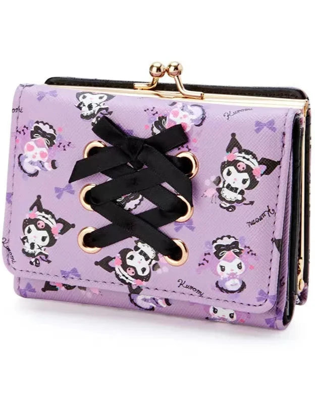 Add a touch of edgy charm to your daily essentials with this Purple Ribbon Corset Kuromi Print Wallet! Perfect for fans of the sassy Sanrio character, Kuromi, this wallet is as functional as it is cute.

Featuring Kuromi in a daring ribbon corset design, the wallet is accented with a stylish gold clasp, giving it a chic, feminine look.

Made from durable synthetic leather, with multiple compartments for cards, cash, and coins.