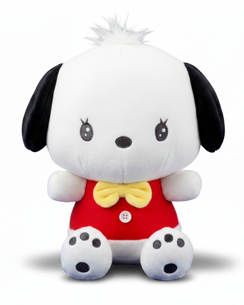 Straight outta the 60s groove era comes our Retro Mood Pochacco Plushie! This adorable plush features Pochacco in an amazing retro outfit of stylin' groovy red vest and a vibrant yellow bow tie that captures the style and spirit of the 1960s. An adorable button right at on his bellow blasts the cuteness factor to infinity!

