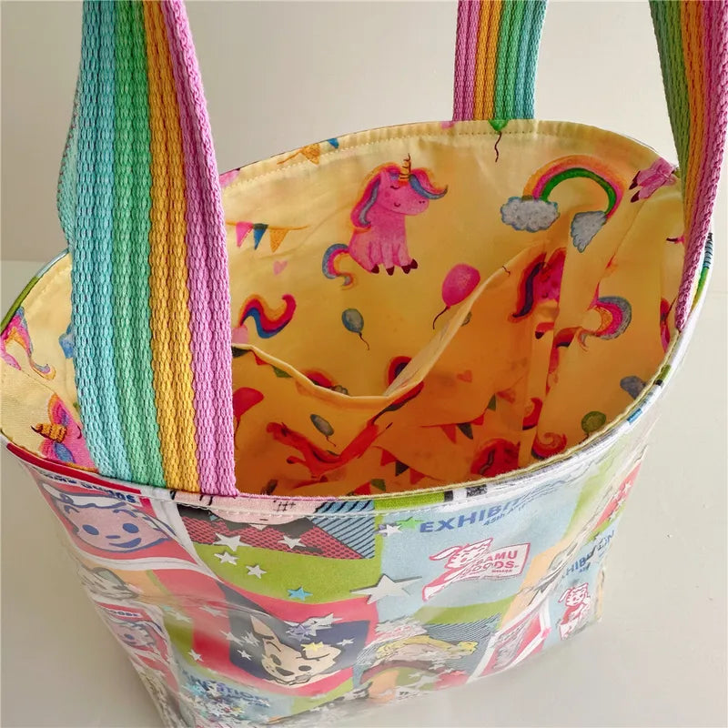 A fabulous mix of Japanese manga and American pop art styles, Japanese illustrator Osamu Goods created some of the most iconic kawaii designs of the 1980s. These Retro Radiance Star Confetti Tote Bags by Osamu Harada feature his wholesome but edgy designs in easy to clean laminated cotton, with unexpected coordinating fabric lining, pastel handles, and a blast of happy star-shaped confetti to top off all this fabulous radiance!