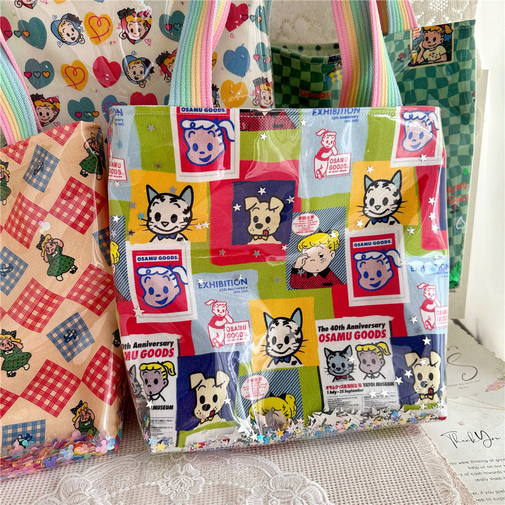 A fabulous mix of Japanese manga and American pop art styles, Japanese illustrator Osamu Goods created some of the most iconic kawaii designs of the 1980s. These Retro Radiance Star Confetti Tote Bags by Osamu Harada feature his wholesome but edgy designs in easy to clean laminated cotton, with unexpected coordinating fabric lining, pastel handles, and a blast of happy star-shaped confetti to top off all this fabulous radiance!