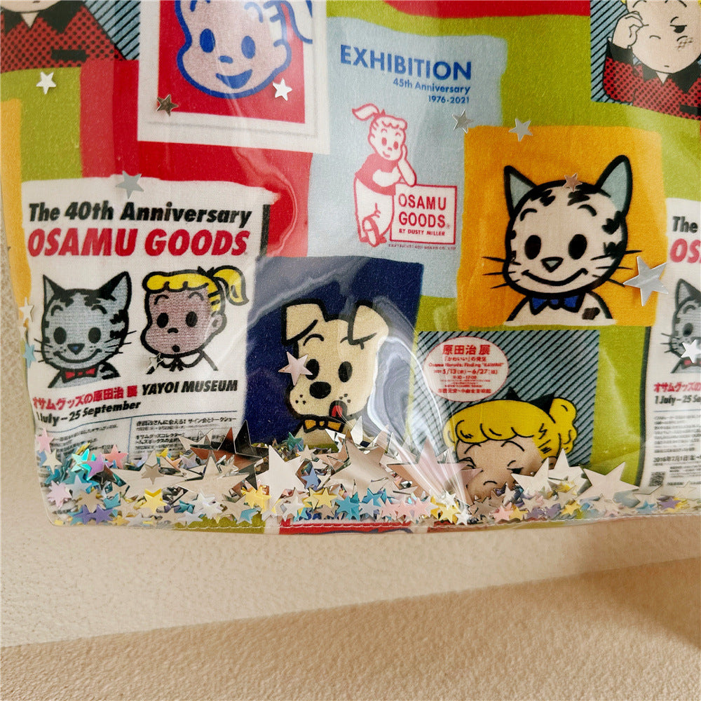 A fabulous mix of Japanese manga and American pop art styles, Japanese illustrator Osamu Goods created some of the most iconic kawaii designs of the 1980s. These Retro Radiance Star Confetti Tote Bags by Osamu Harada feature his wholesome but edgy designs in easy to clean laminated cotton, with unexpected coordinating fabric lining, pastel handles, and a blast of happy star-shaped confetti to top off all this fabulous radiance!