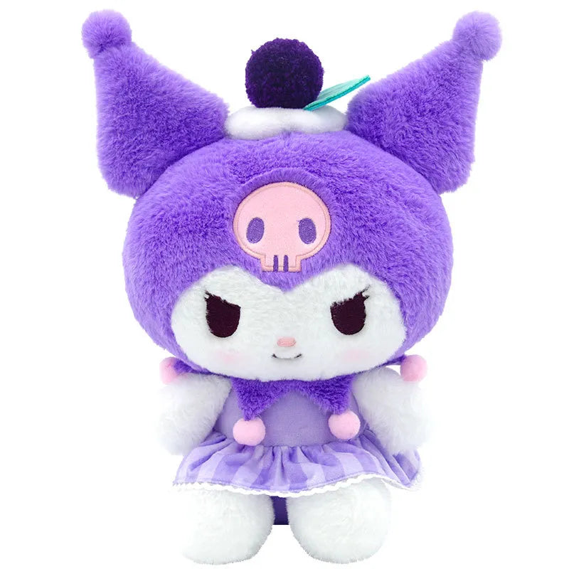 Berries 'n Cream Grape Kuromi Plushie! This adorable plushie dons a fruit hat with a dollop of cream and is dressed in a coordinating striped get-up. Bold colors mixed with soft hues add to its cute and cuddly appearance.