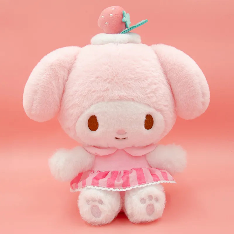 Berries 'n Cream Strawberry My Melody Plushie! This adorable plushie dons a fruit hat with a dollop of cream and is dressed in a coordinating striped get-up. Bold colors mixed with soft hues add to its cute and cuddly appearance.