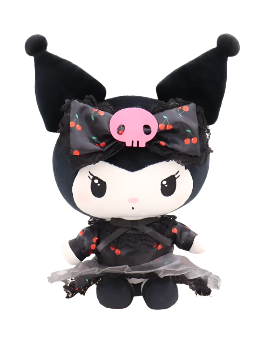 This incredibly unique black dress, embellished with a playful cherry print, reflects Kuromi's fun side and her penchant for adding a her own unique twist to things!  An amazing plushie with real personality, the Black Cherry Bomb Kuromi Plushie piece makes the perfect gift for the serious collector and for the discerning child alike.