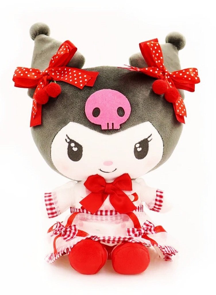 Dressed to impress in a vibrant cherry and gingham print rockabilly style dress, our Cherry Gingham Kuromi Plushie perfectly displays the rebellious spirit of Kuromi, the mischievous character from Sanrio's lineup- so rockabilly kawaii!