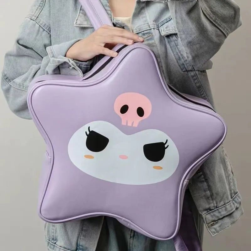 The Kuromi Face Star-Shaped Lavender Purple Backpack is a standout accessory that perfectly captures the edgy and playful spirit of Sanrio’s Kuromi! This unique backpack is designed in a bold star shape, with Kuromi’s mischievous face prominently displayed on the front. The deep black color and star design make it a striking piece, perfect for those who love to add a touch of attitude to their style.