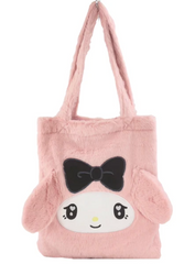 Sanrio’s soft My Melody Fuzzy Feelings Tote Bag is functional and stylish. With black bow, signature floppy ears and embroidered heart eyes. Show your plush love while on the move.